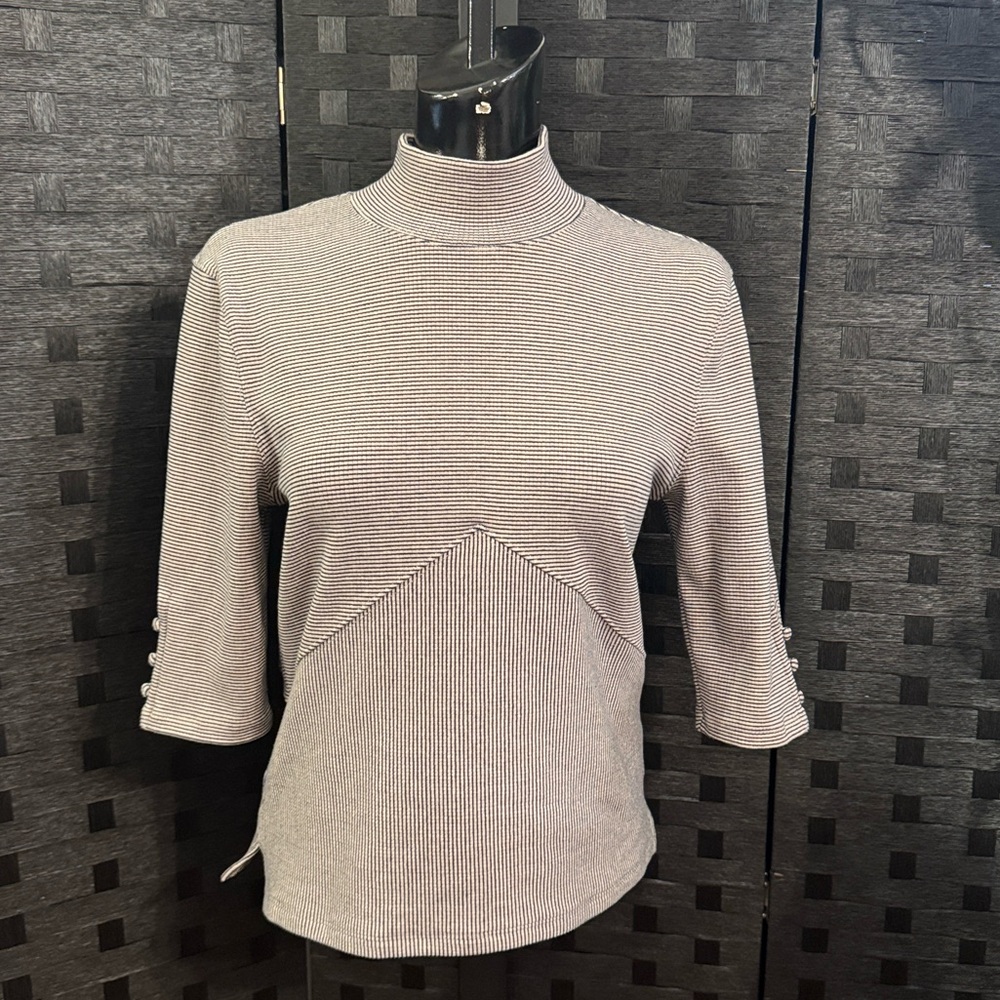 We The Free 3 Quarter Sleeve Mock Neck Striped Black&White Top